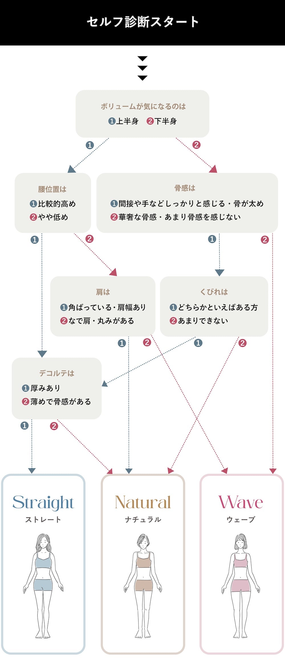 骨格ストレート、骨格ナチュラル、骨格ウェーブ、セルフチェックシートを通じて骨格診断を通じて自分の骨格を知ろう