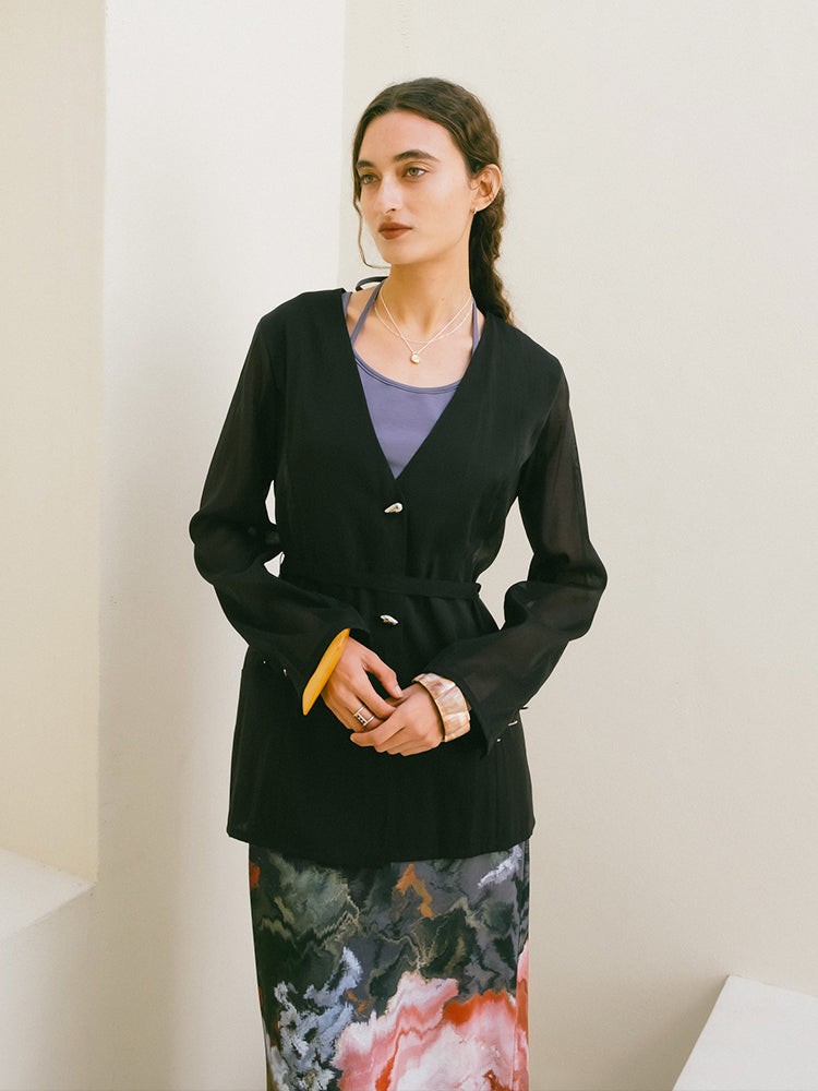 Shaped Button Sheer Jacket｜シアー素材ジャケット｜結婚式やお呼ばれ