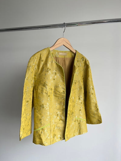 Collarless Yellow Jacquard Jacket