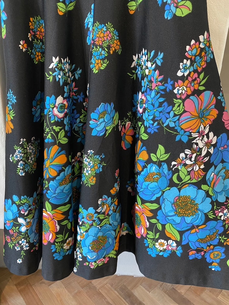 70s Black Floral Midi Dress