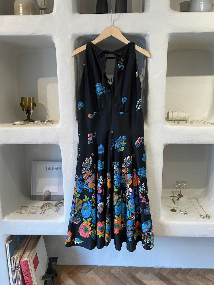 70s Black Floral Midi Dress