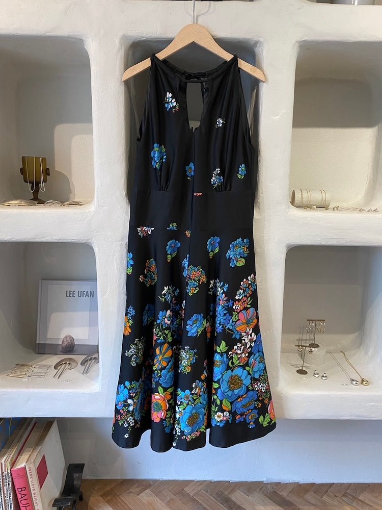 70s Black Floral Midi Dress