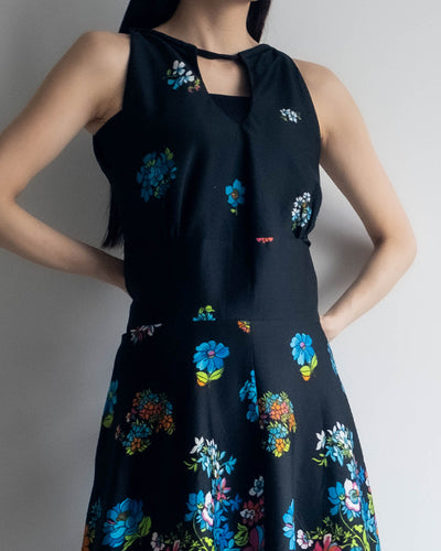 70s Black Floral Midi Dress