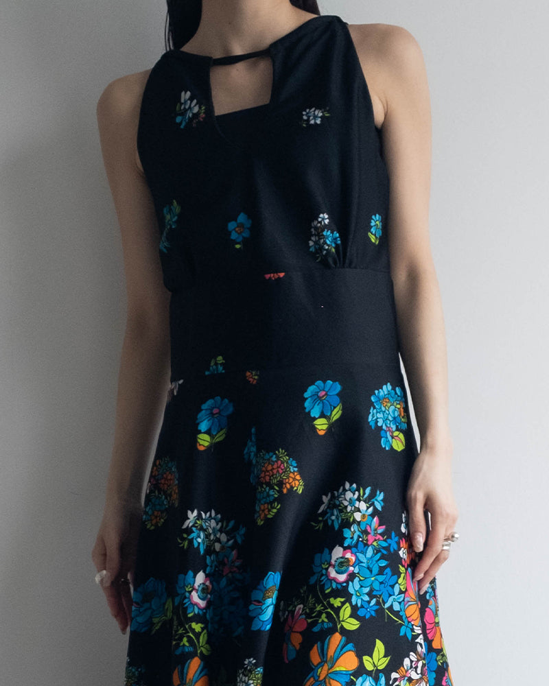 70s Black Floral Midi Dress