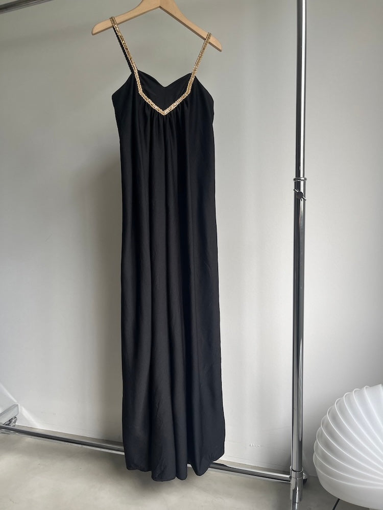 70s Gold Tape Black Cami Dress