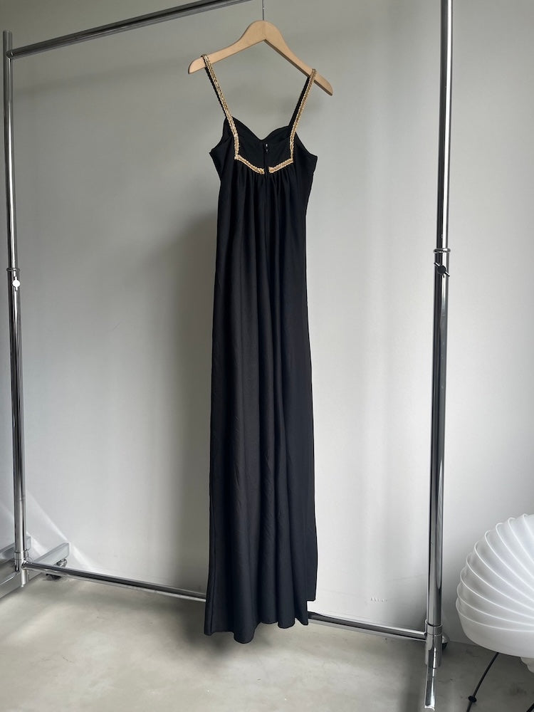 70s Gold Tape Black Cami Dress