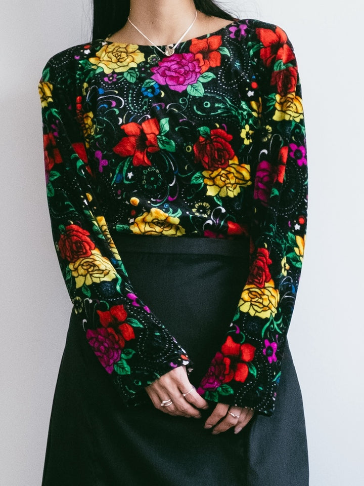 Black Flower Velour Tee