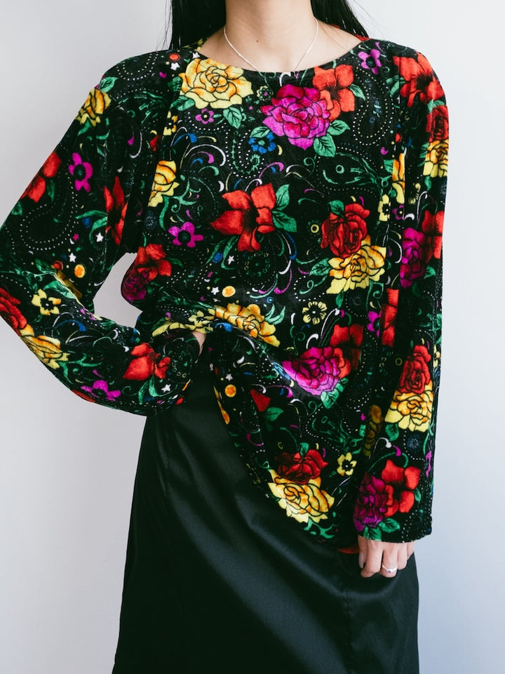 Black Flower Velour Tee