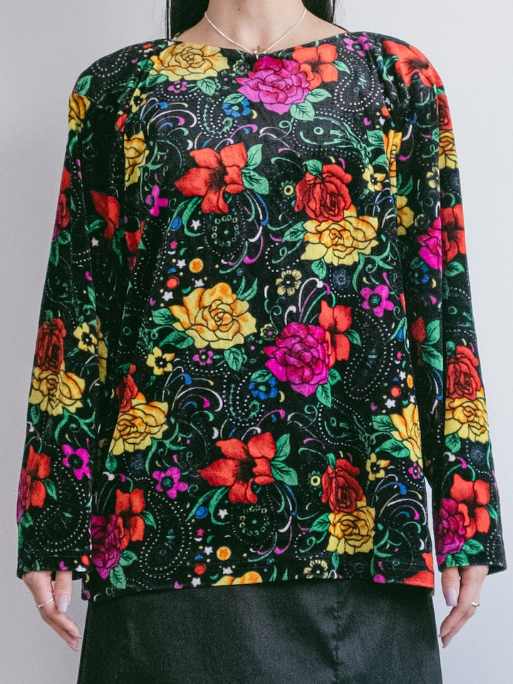 Black Flower Velour Tee