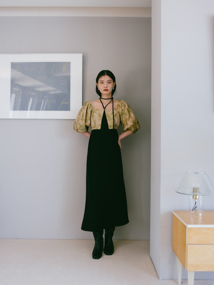 スウィチングジャガードドレス marte sahara Switching Jacquard Dress｜パフスリーブドレス – MARTE