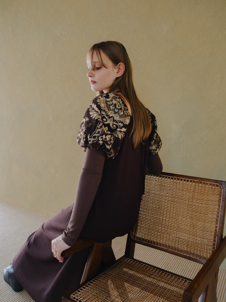 新品未使用！ёpa パフスリーブドレス Sサイズ ブラウン epa／エパ Jacquard Bud Sleeve Dress｜結婚式やお呼ばれドレス｜ジャガード