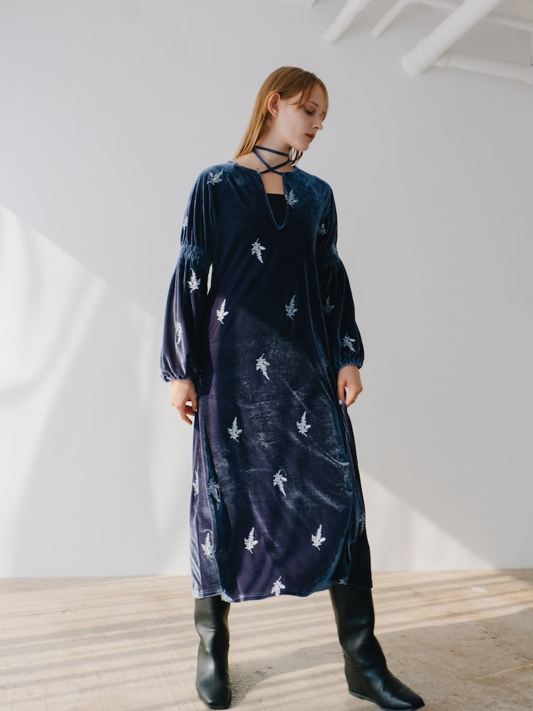 Velour Embroidery Shirring Sleeve Dress