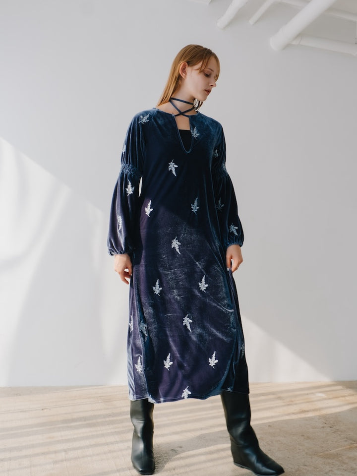 Velour Embroidery Shirring Sleeve Dress