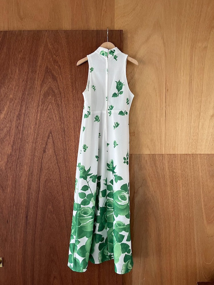 70s Polyester Green Rose Dress