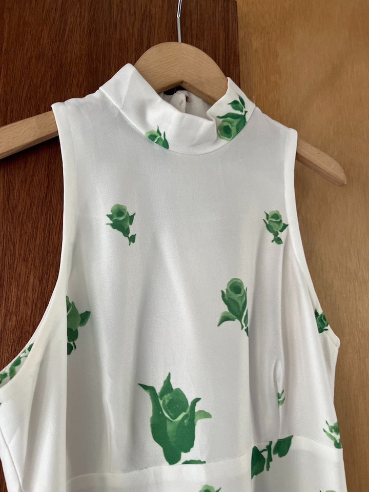 70s Polyester Green Rose Dress