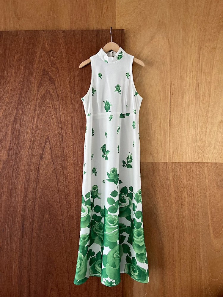 70s Polyester Green Rose Dress