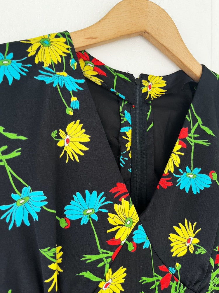 70s Polyester Black Floral Dress