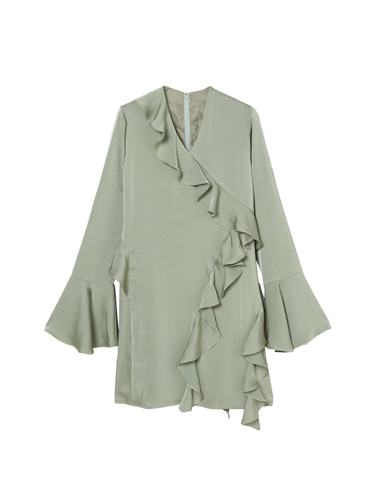 Satin Ruffle Asymmetry Dress｜大人におすすめのサテンラッフル