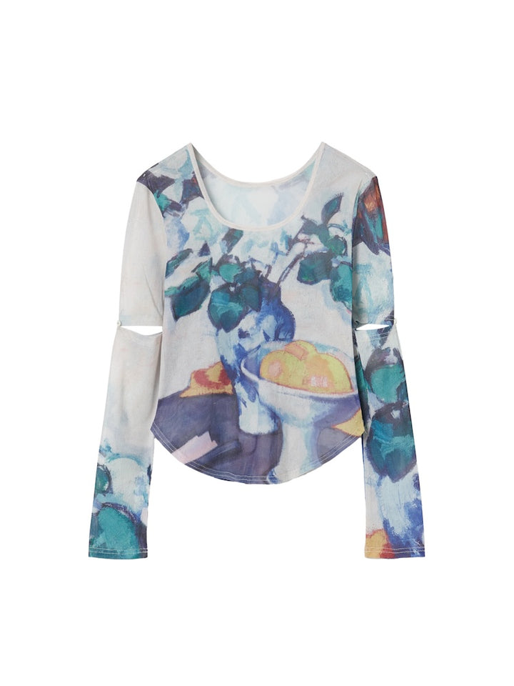 Art Print 2way Sleeve Top / 03 White Roses