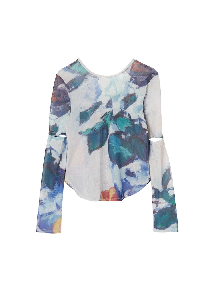 Art Print 2way Sleeve Top / 03 White Roses