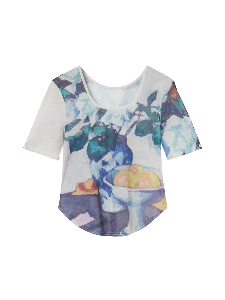 Art Print 2way Sleeve Top / 03 White Roses