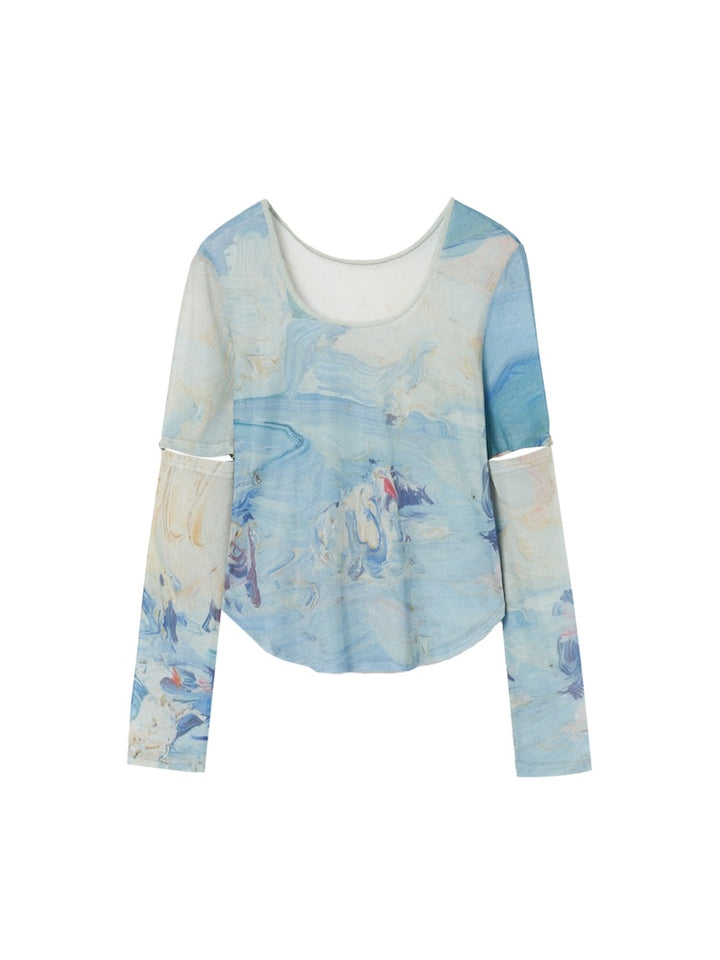 Art Print 2way Sleeve Top / 01 Berneval