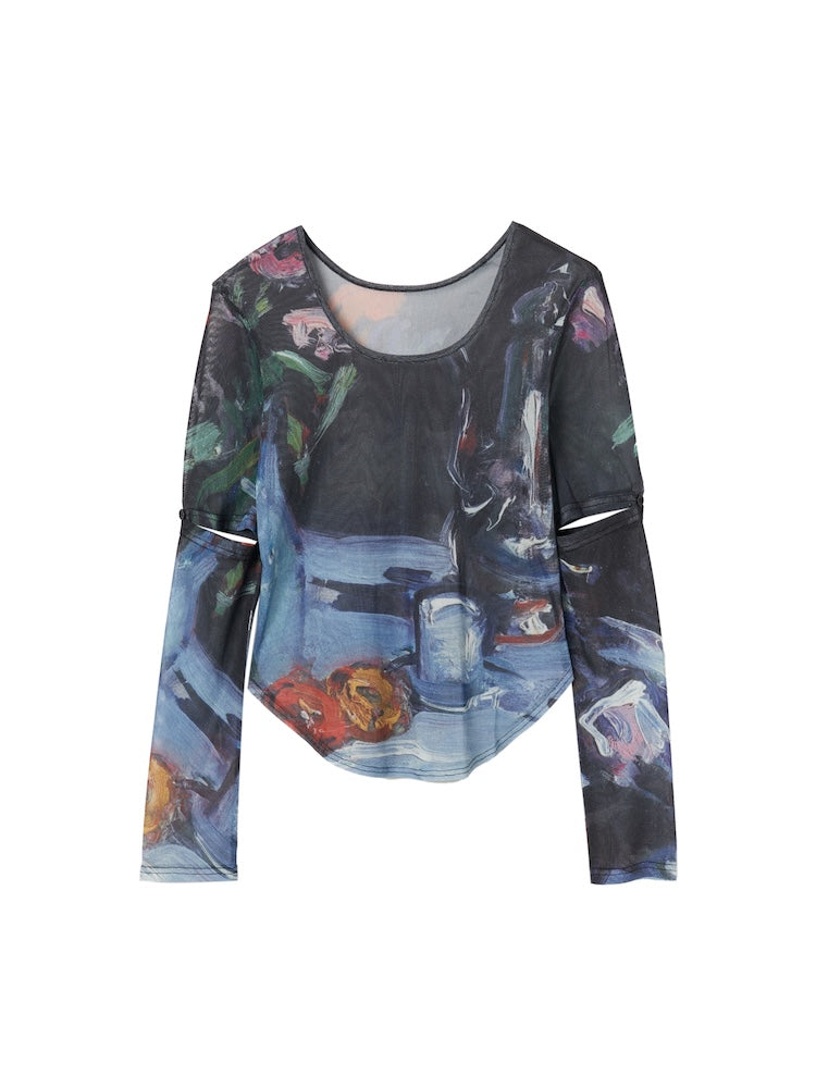 Art Print 2way Sleeve Top / 02 Tulips and  Pot