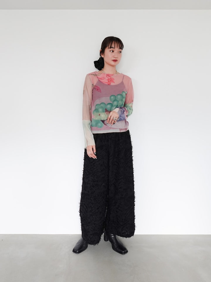 モデル身長：168cm / Sheer Top＋Cut Jacquard Pants