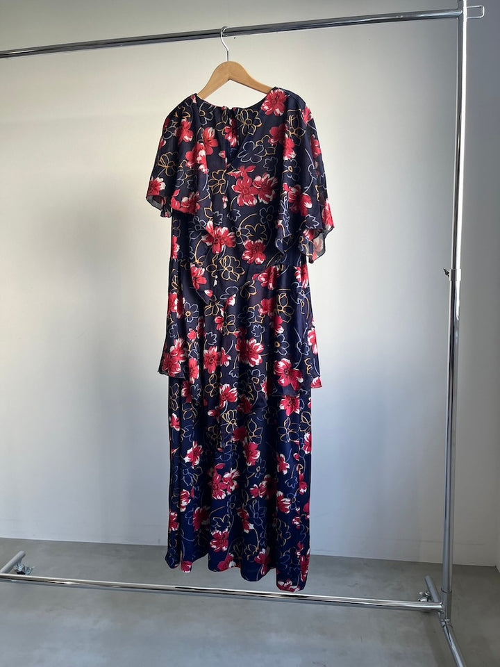 70s Navy Flower Tiered Dress