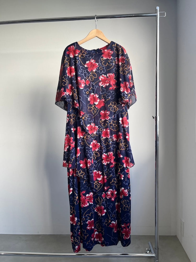 70s Navy Flower Tiered Dress