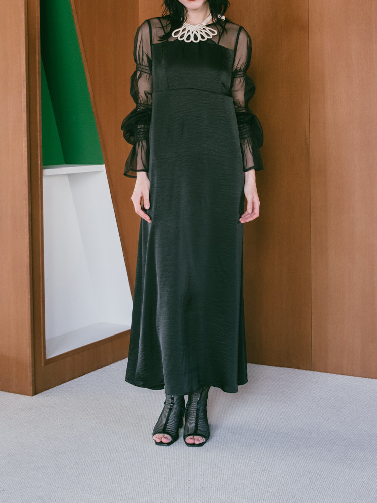Tulle Sleeve Satin Dress｜チュールスリーブサテンドレス – MARTE