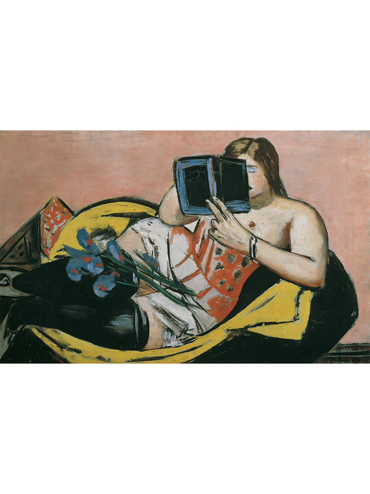 作品名：Reclining Woman with Book and Irises”, 1931, Oil on canvas　作者：Max Beckmann (Leipzig 1884 - 1950 New York)