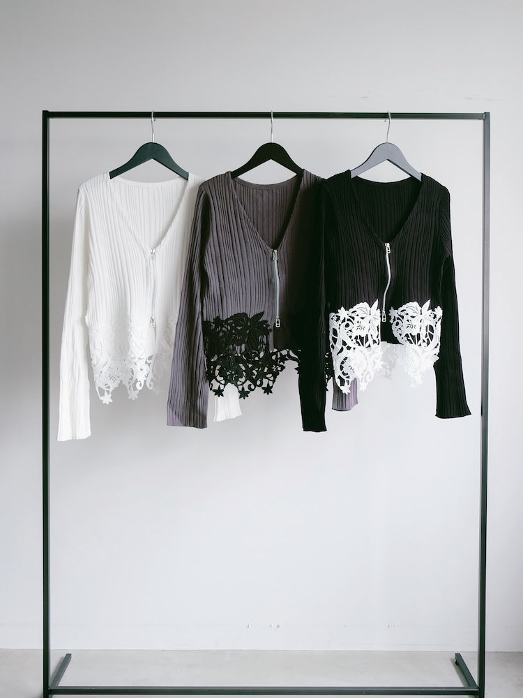Lace Hem Zip Cardigan｜裾レースデザインジップカーディガン – MARTE