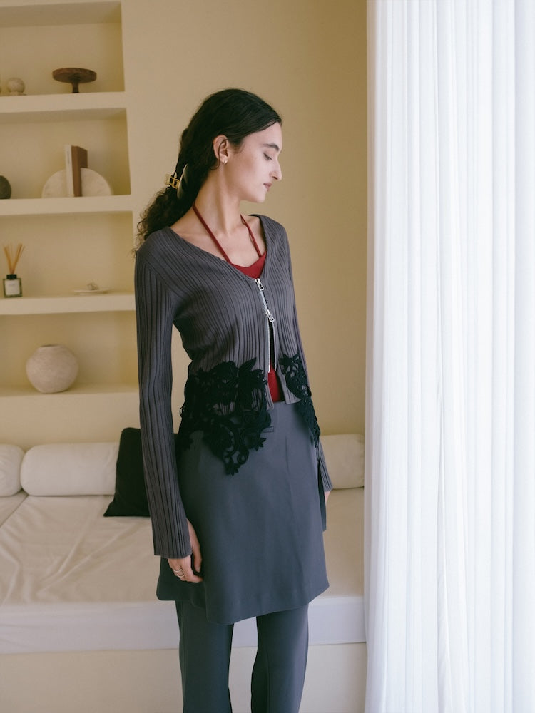 Lace Hem Zip Cardigan｜裾レースデザインジップカーディガン – MARTE