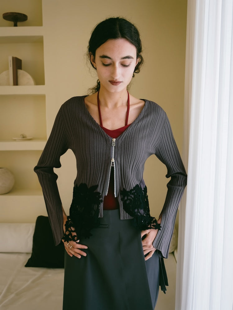 Lace Hem Zip Cardigan｜裾レースデザインジップカーディガン – MARTE