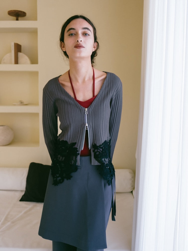 Lace Hem Zip Cardigan｜裾レースデザインジップカーディガン – MARTE
