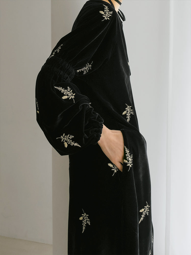 Velour Embroidery Shirring Sleeve Dress｜結婚式やお呼ばれドレス