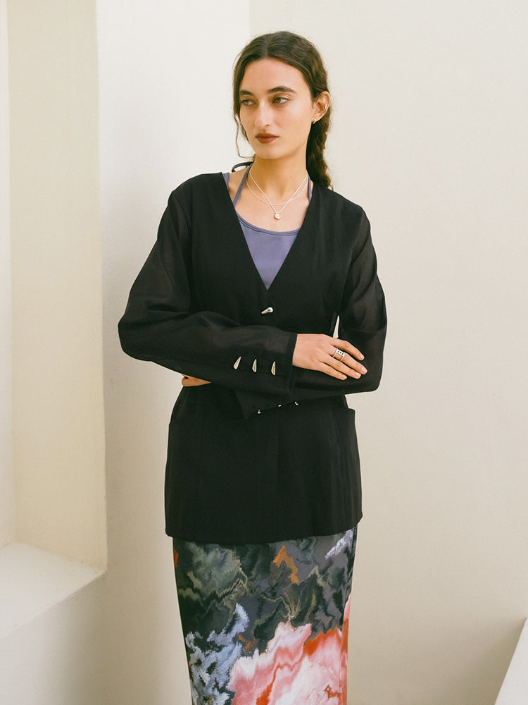 Shaped Button Sheer Jacket｜シアー素材ジャケット｜結婚式やお呼ばれ