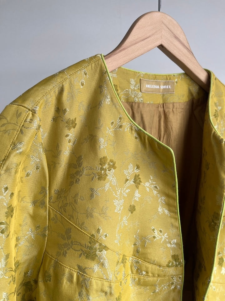 Collarless Yellow Jacquard Jacket