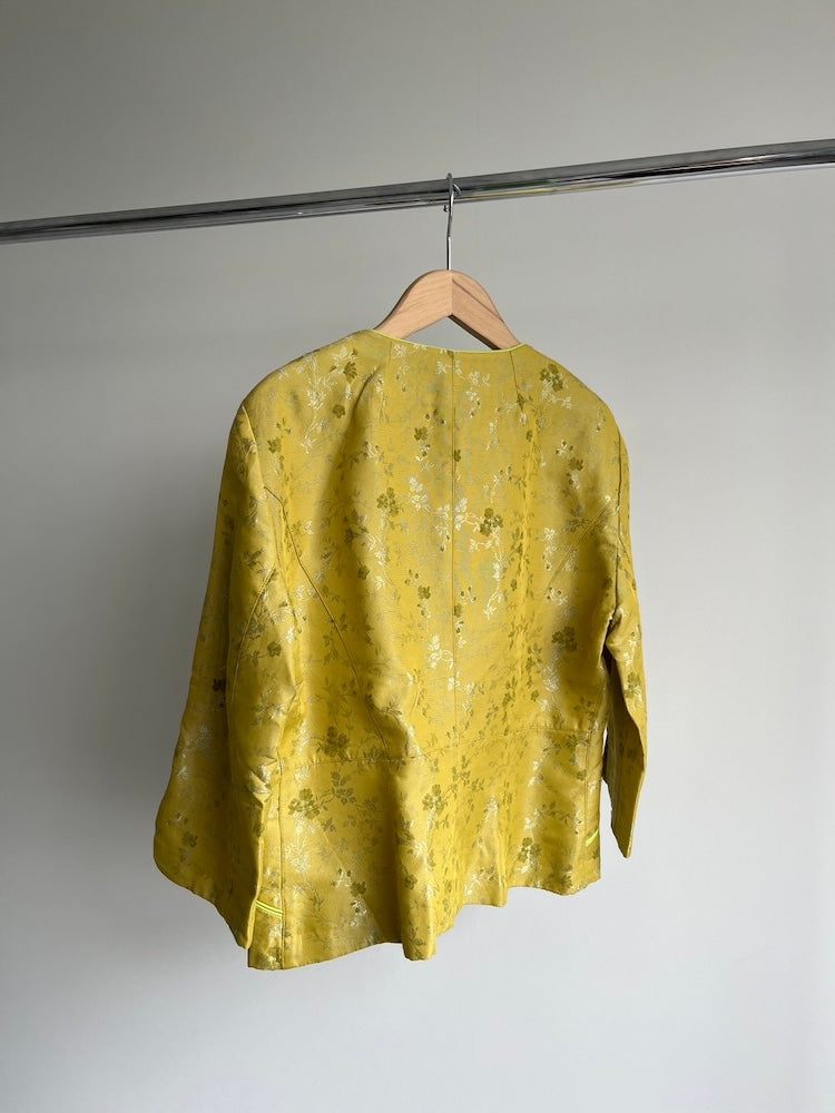 Collarless Yellow Jacquard Jacket