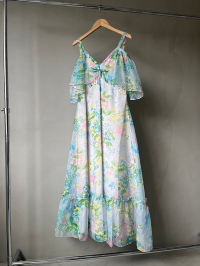 70s Organdy Flower Tiered Dress