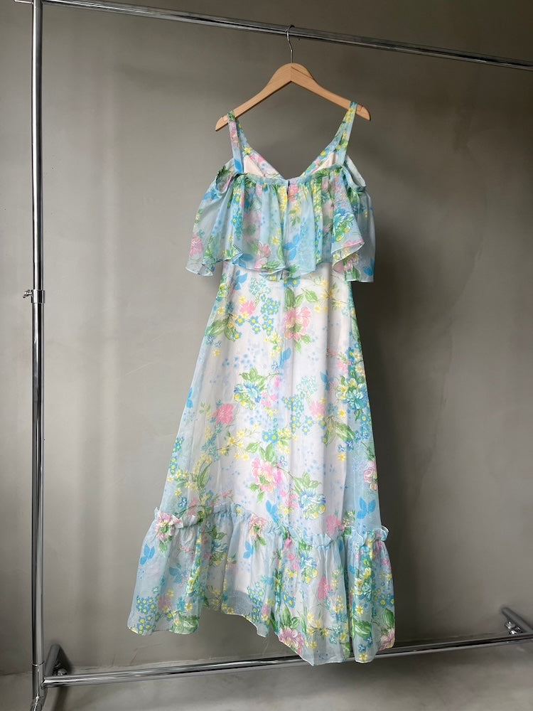 70s Organdy Flower Tiered Dress