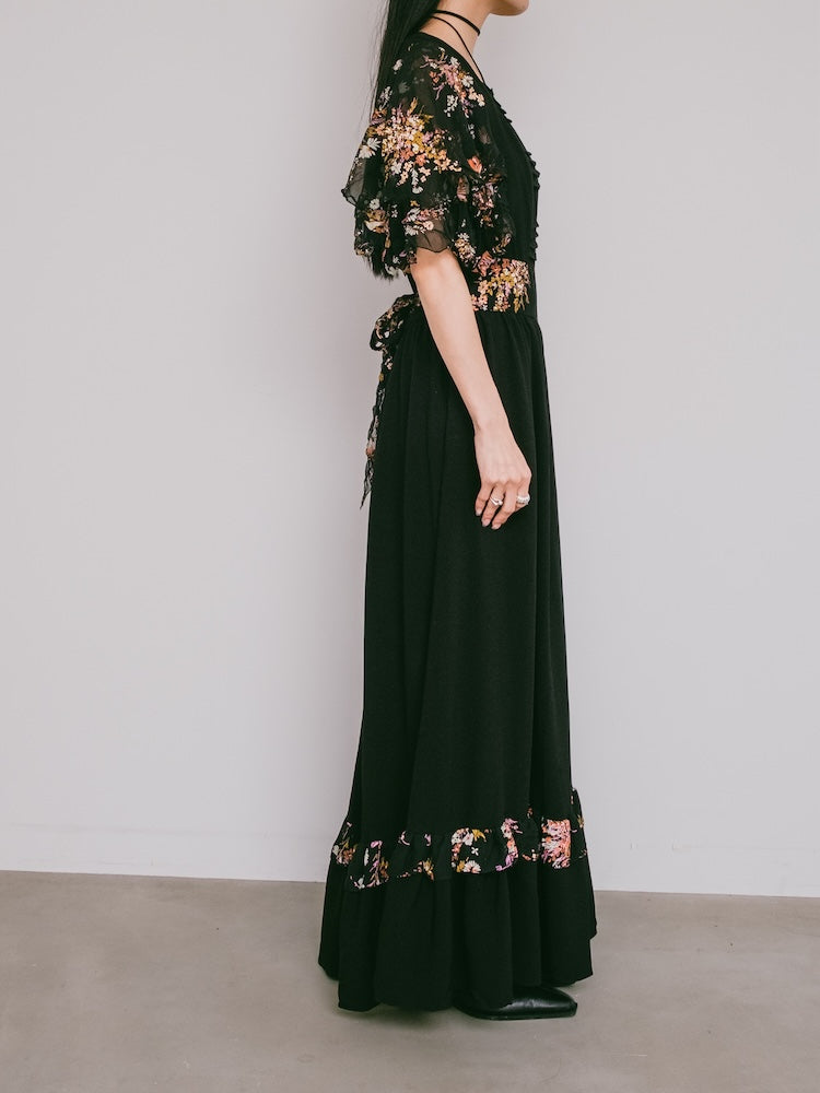 70s Frill Sleeves Black Dress