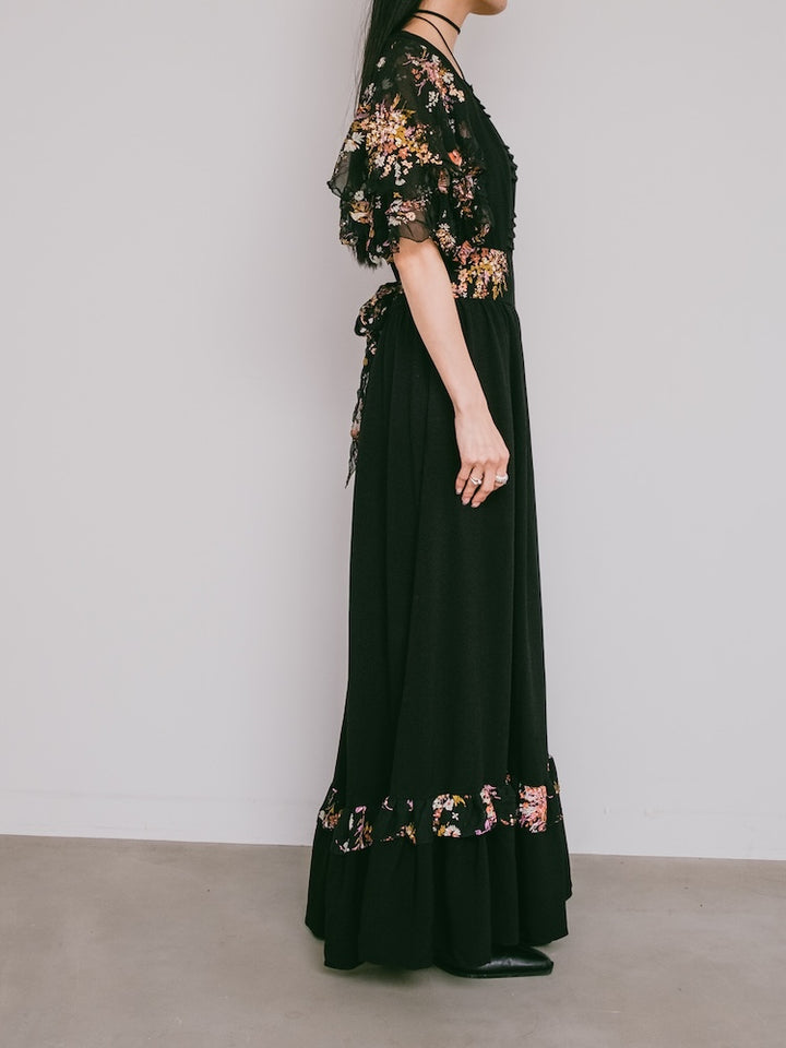 70s Frill Sleeves Black Dress