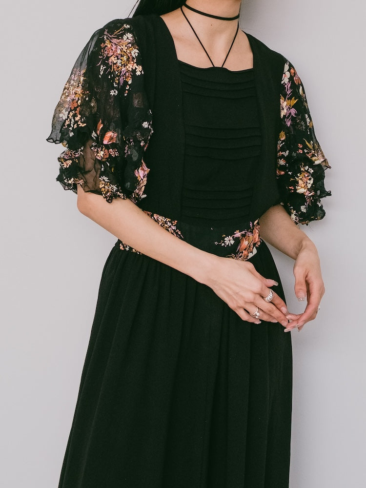 70s Frill Sleeves Black Dress