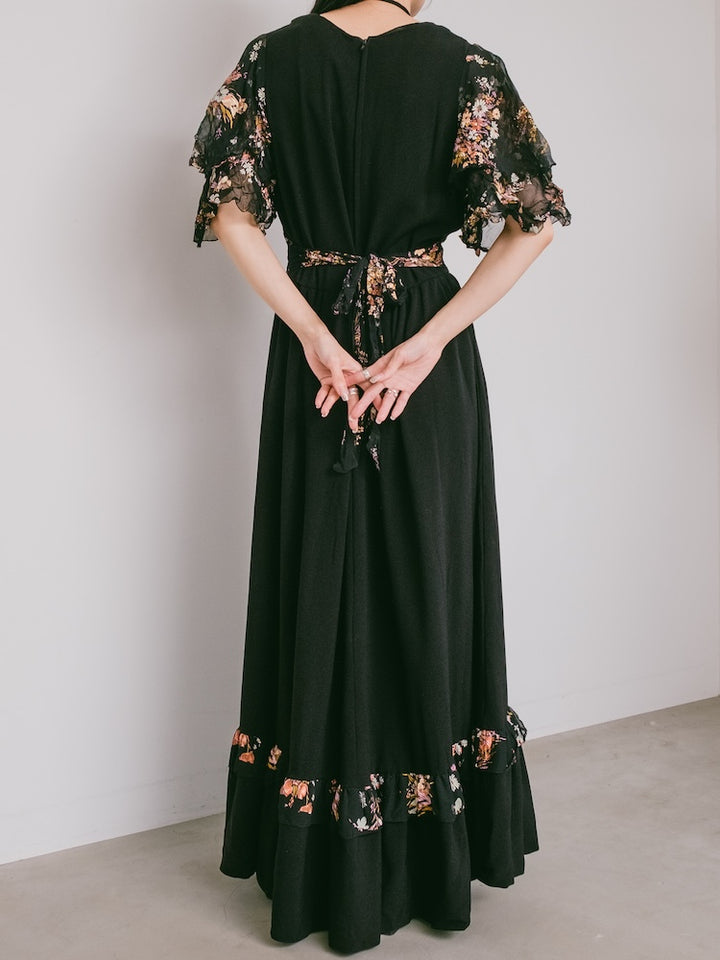 70s Frill Sleeves Black Dress