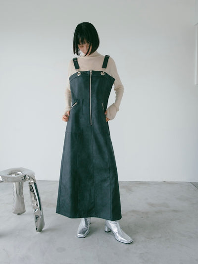 Eyelet Fake Leather Salopette / Black / モデル身長︎：166cm