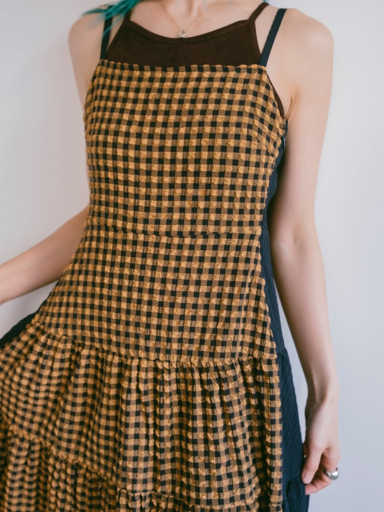 Bi-color Paneled Check Dress｜バイカラー切り替えチェック柄