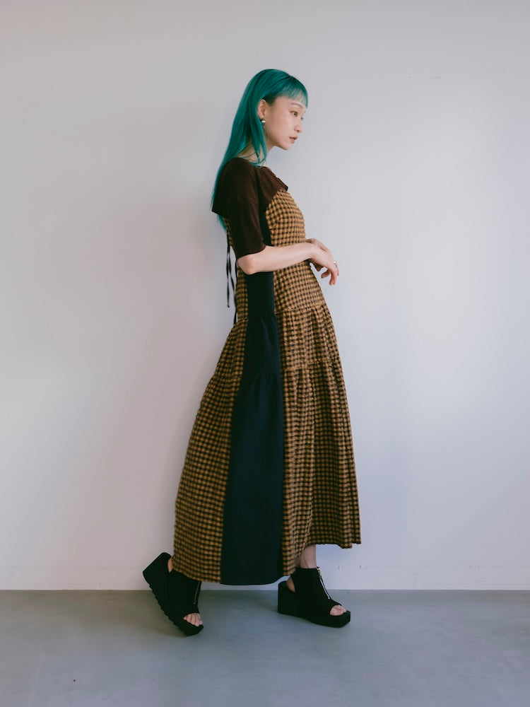 Bi-color Paneled Check Dress｜バイカラー切り替えチェック柄