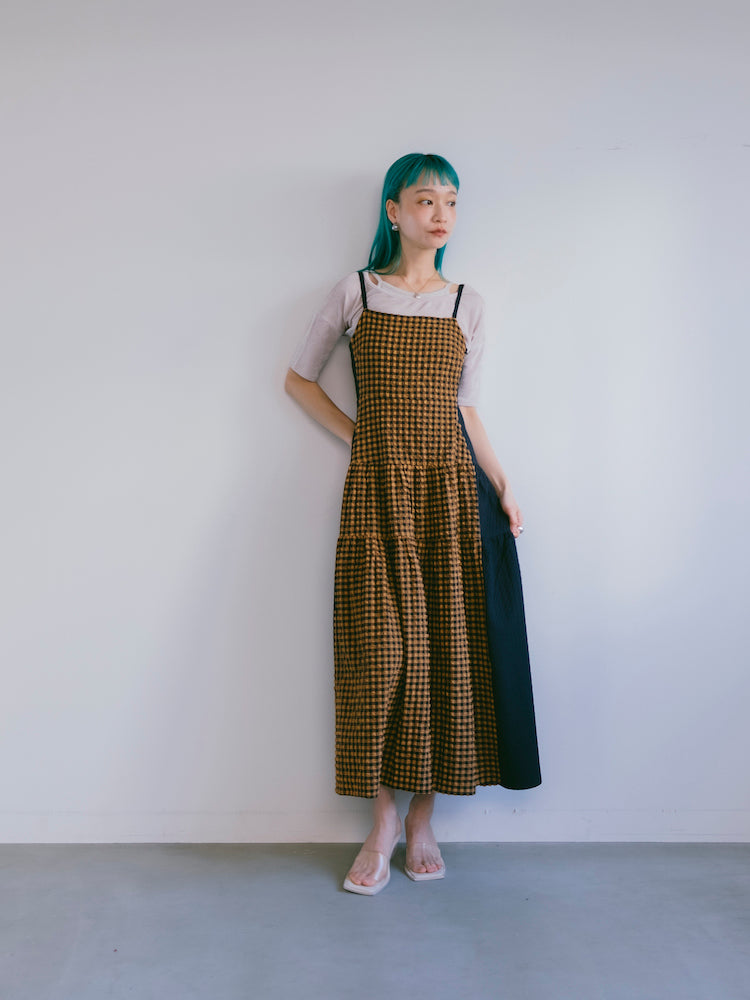 Bi-color Paneled Check Dress｜バイカラー切り替えチェック柄
